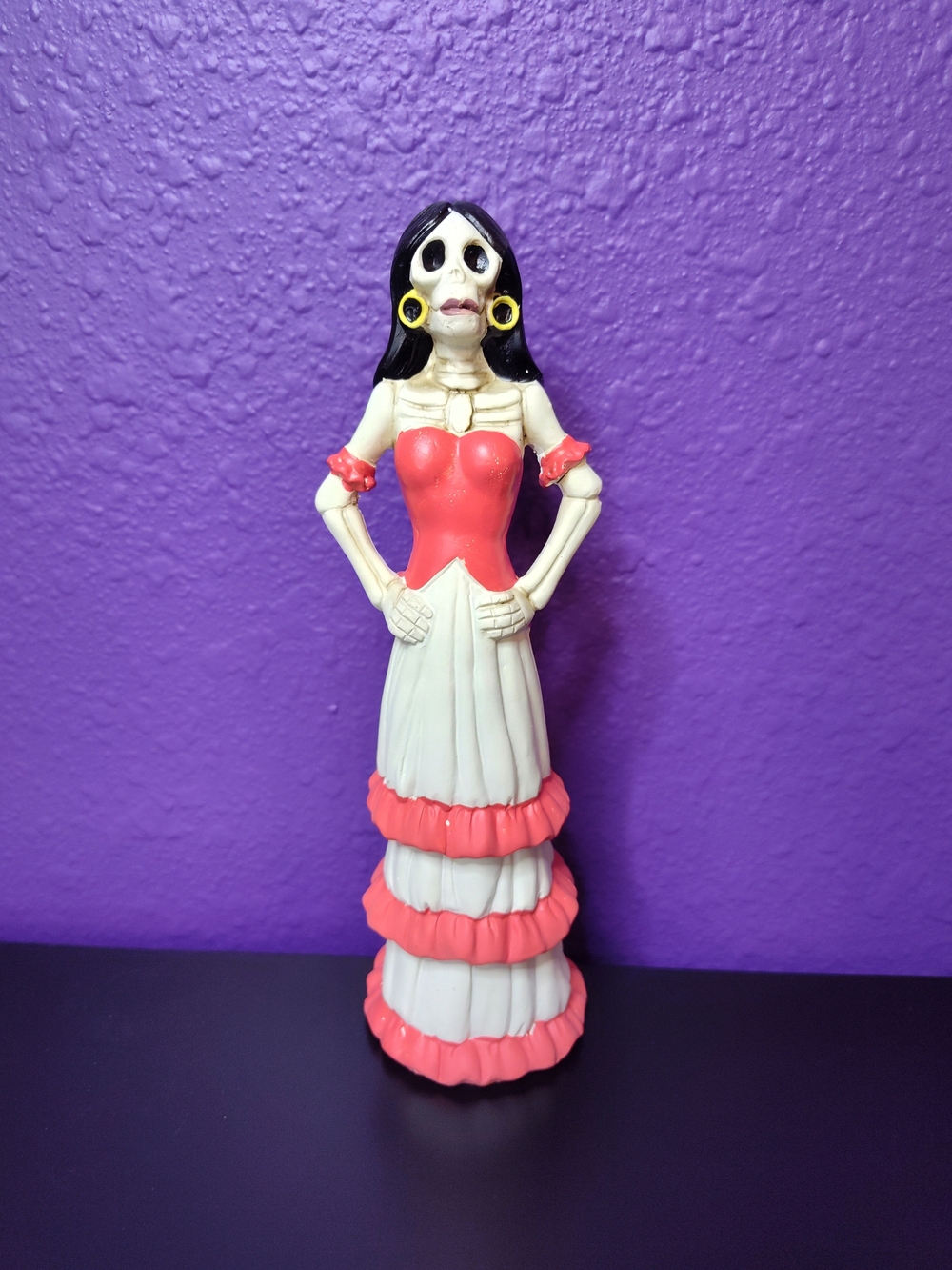Skeleton Lady Figurine in Coral and Ivory Dress